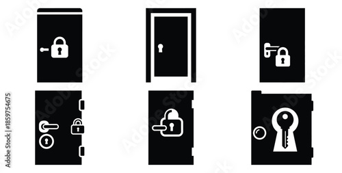 A black silhouette of a  secure login door icon set. Simple graphic element.