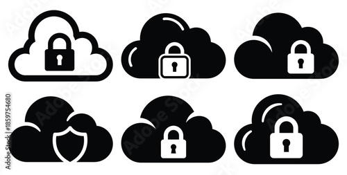 A black silhouette of a  secure cloud storage icon set. Simple graphic element.