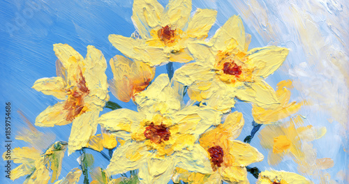 Oil painting. Yellow daffodils in the garden