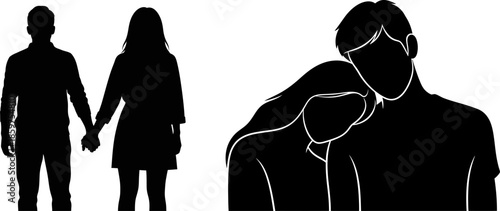 Diverse couple silhouettes set with holding hands and embracing