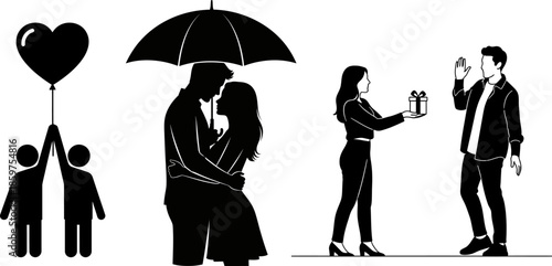 Couple under umbrella romantic embrace gift giving silhouette date