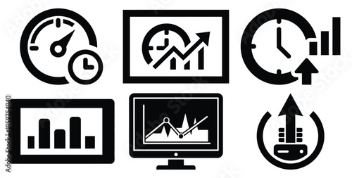 A black silhouette of a  system uptime monitor icon set. Simple graphic element.