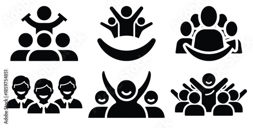 A black silhouette of a  team morale boost smile icon set. Simple graphic element.
