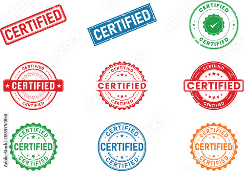 Certified stamps and seals vector illustration set. Bright approval, verified and quality assurance stamp icons for official documents, certificates,