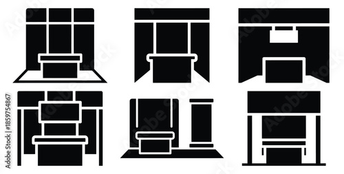 A black silhouette of a  trade show booth icon set. Simple graphic element.