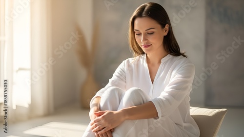 Mulher jovem em momento de introspecção vestida de branco simbolizando autocuidado e saúde emocional janeiro branco