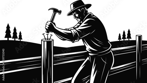 Man hammering fence post, construction worker in field, farm hand with hammer