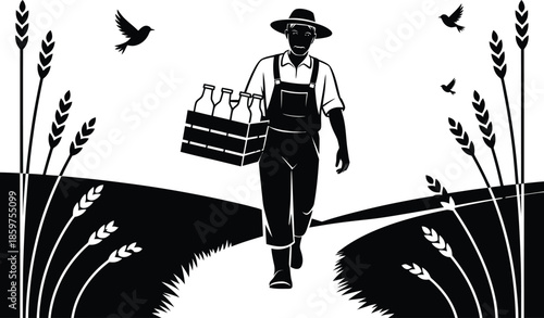 Farmer carrying milk bottles in countryside, black and white vector illustration