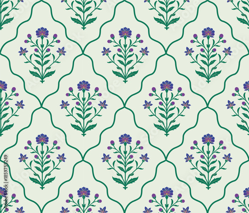 Traditional Mughal floral motif seamless pattern with hand drawn vintage botanical flowers.