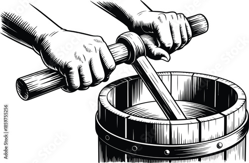 Hands crushing something in a wooden bucket with a pestle, vintage illustration