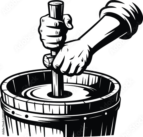 Hand making hole in wooden bucket with hammer and chisel, black and white vector illustration