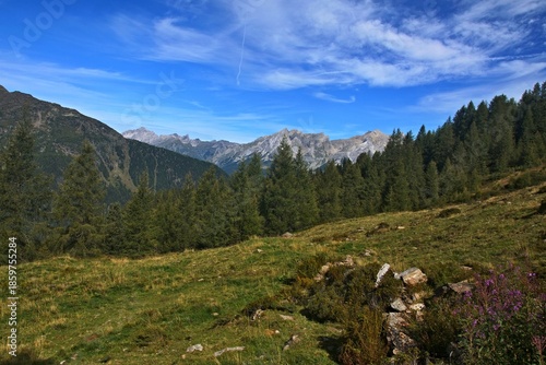 Austrian Alps - view of the peaks in Lechtal Alps from the footpath to chalet Ascher Hutte near village See