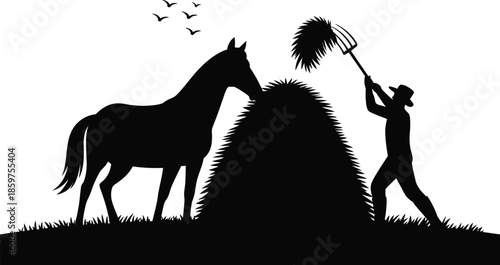 Farm silhouette scene with horse and farmer raking haystack