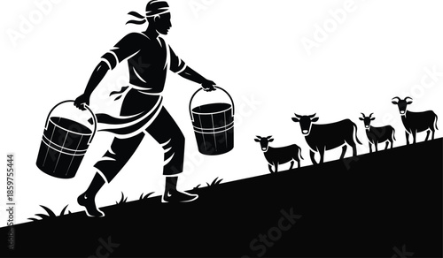 Farmer with buckets and goats on hill, black silhouette vector illustration