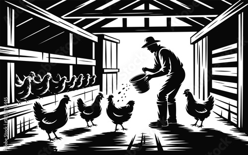 Farmer feeding chickens in barn, black and white vector illustration