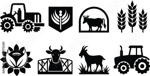 Agricultural icons set including tractor, wheat, goat, and farm symbols, black and white vector illustrations