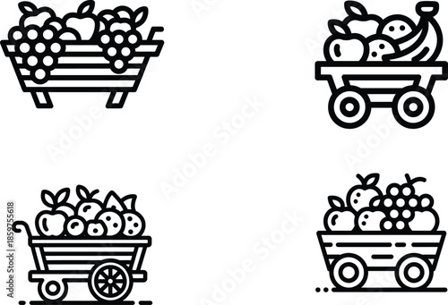  Shopping cart icons with various fruits for e commerce and grocery shopping, minimalist line style