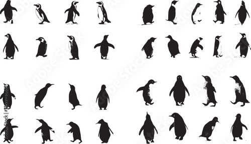 Penguin Silhouettes Set: Dynamic Black & White Wildlife Outlines in Various Poses for Nature Themes & Creative Design Projects
