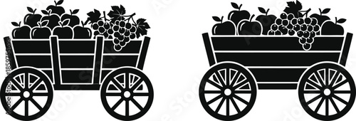  Wooden cart with fruits and vegetables, farm produce wagon, black and white icon