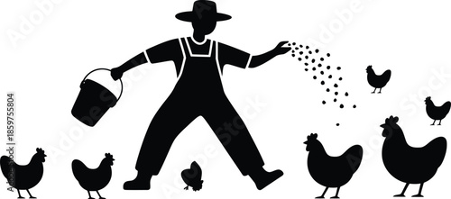  Farmer feeding chickens silhouette, vector icon for agriculture and farming concept