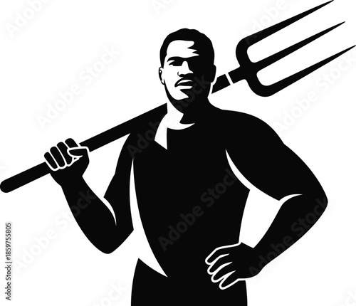 Vector Farmer man holding pitchfork icon for agriculture and farming concept, black silhouette