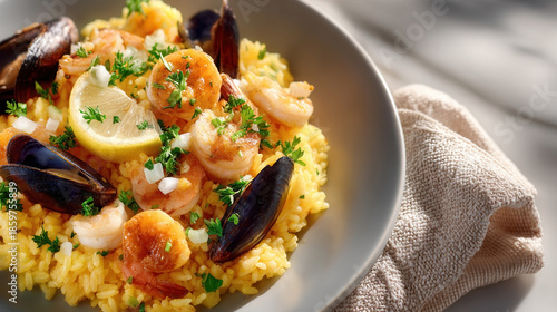 Delicious seafood paella served on a grey plate captures the vibrant colors of fresh ingredients