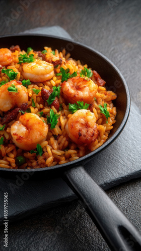 Vibrant seafood paella served on a light grey plate showcasing fresh ingredients and rich colors