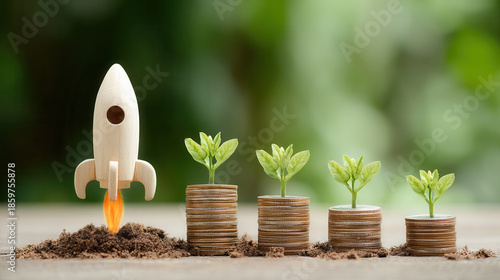 Growth and innovation represented by plants and a rocket among coins in a marketing concept focused on chaos