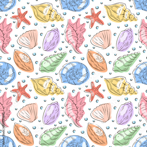 Seashells and starfish seamless pattern on a white background in flat style. Marine summer design for beach decor and ocean theme.