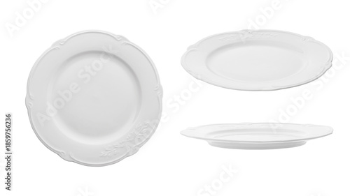 Vintage white empty plate in Provence style on a white isolated background, side view