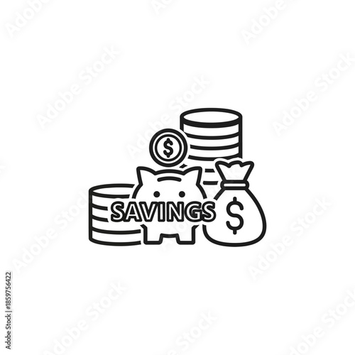 Digital Savings Icon with Coin Stack Piggy Bank and Money Bag Illustration