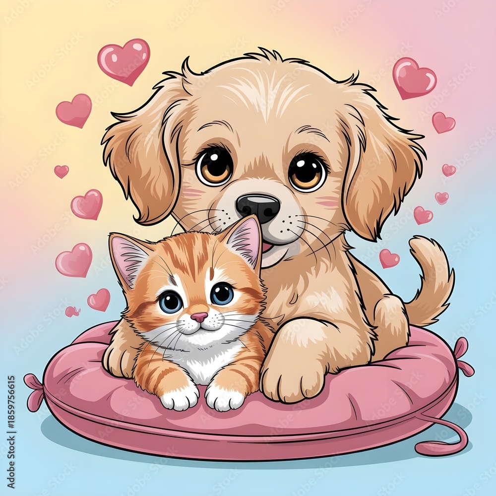 Fototapeta premium Playful puppy and kitten on pink cushion