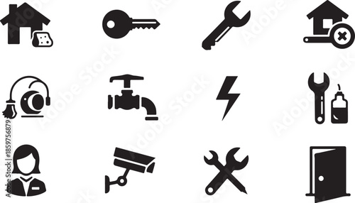 Set of home service and security icons including house, key, wrench, and camera