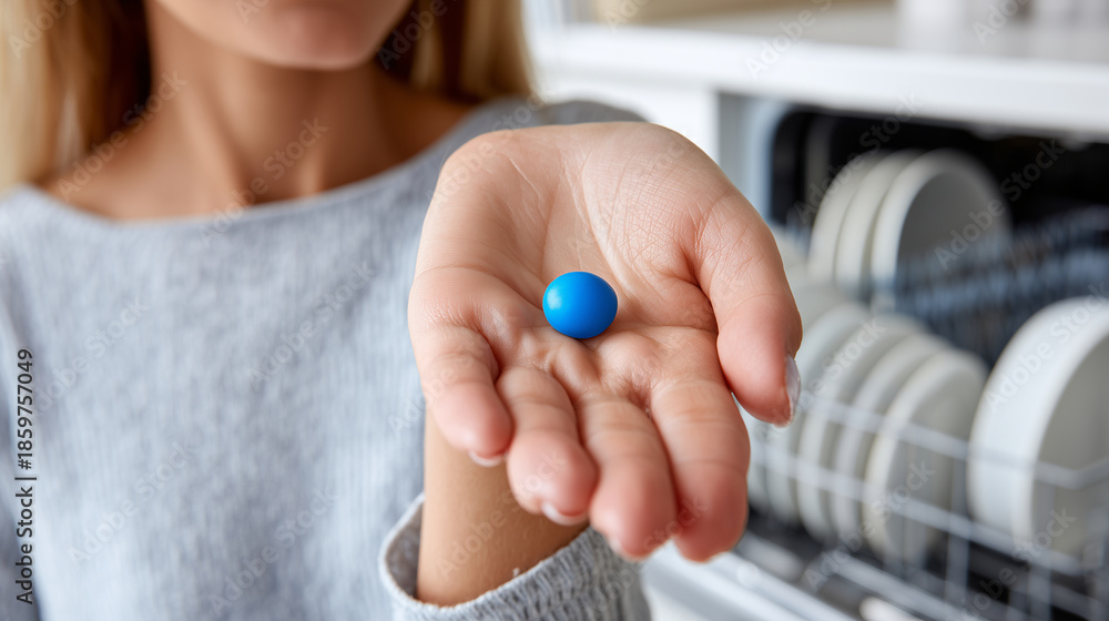 Naklejka premium Close-up of an open woman's hand. In the centre of the hand, a blue dishwasher tablet. In the background, blurred, a dishwasher rack with plates. photorealistic photoshoot