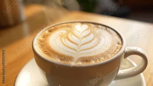 Close up of a steaming latte with artistic foam design in a white ceramic cup morning beverage