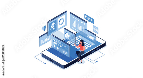 Isometric concept of a woman sitting on a smartphone and managing multiple application windows with user data and charts.