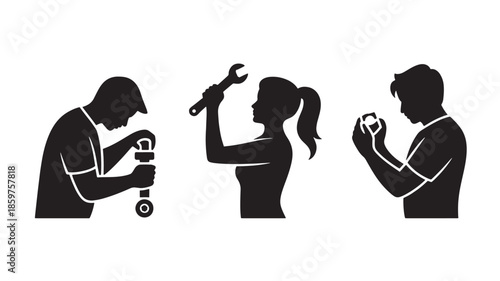 Silhouettes of people working on machinery in minimalist style with dramatic lighting on white background for industrial