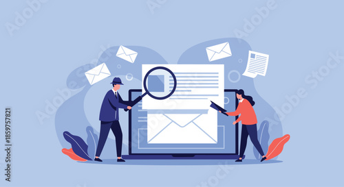 Two detectives examining an email on a laptop with a magnifying glass representing an investigation into email fraud or spam.