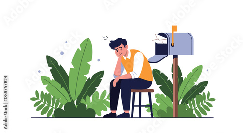 Sad and worried man sitting next to an open mailbox with letters inside waiting for news or correspondence.