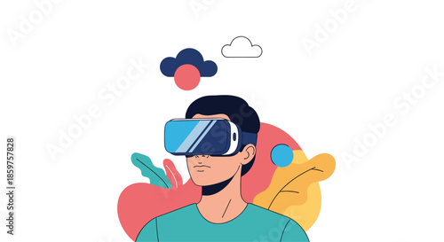 Young man wearing a virtual reality headset and experiencing the metaverse with floating clouds and abstract shapes in the background.