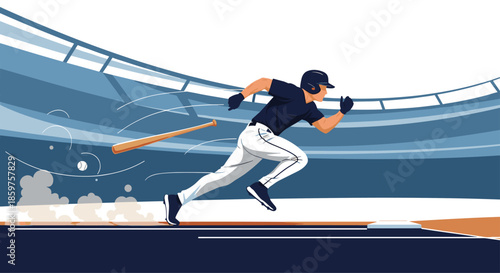Dynamic vector illustration of a baseball player in full sprint towards the base after hitting the ball in a large stadium.