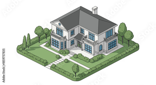 Isometric drawing of a large beautiful two-story classic house with a well-maintained garden and manicured lawn.