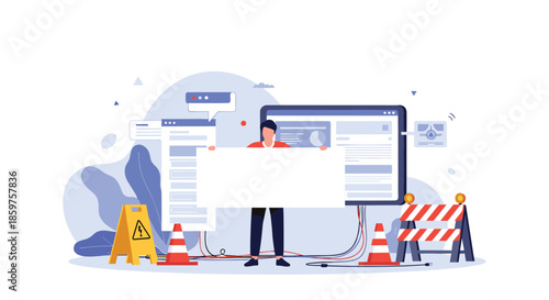 Man holding a blank white sign for custom text in front of a website interface with under construction signs and warning barriers.