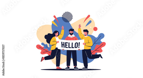 Group of three cheerful friends or colleagues holding a large banner with the word hello to welcome new people or customers.