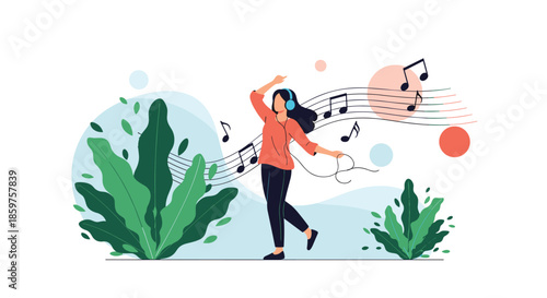 Happy young woman wearing headphones and dancing joyfully to the sound of music with musical notes floating around her in nature.