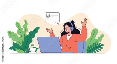 Friendly woman with headphones participating in an online call or webinar on her laptop while working remotely from her home office.