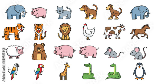 Large collection of cute cartoon animal icons including wild zoo animals pets and farm animals isolated on a white background.