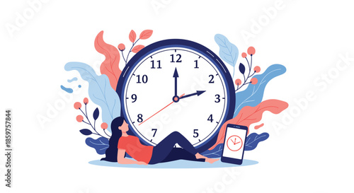 Woman relaxing next to a large clock representing time management daylight saving or taking a break from a busy daily schedule.