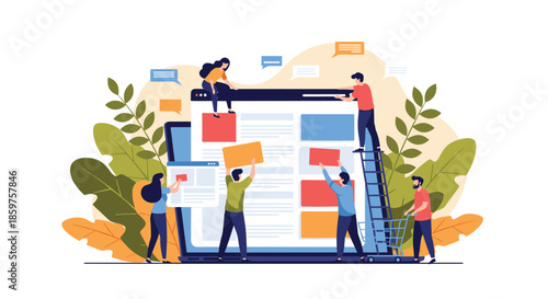 Team of tiny people working together to build and design a website on a giant laptop screen illustrating collaborative web development.