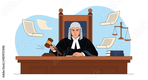 Judge in a traditional wig and gown sitting at the bench in a courtroom and striking the gavel to announce a verdict or order.